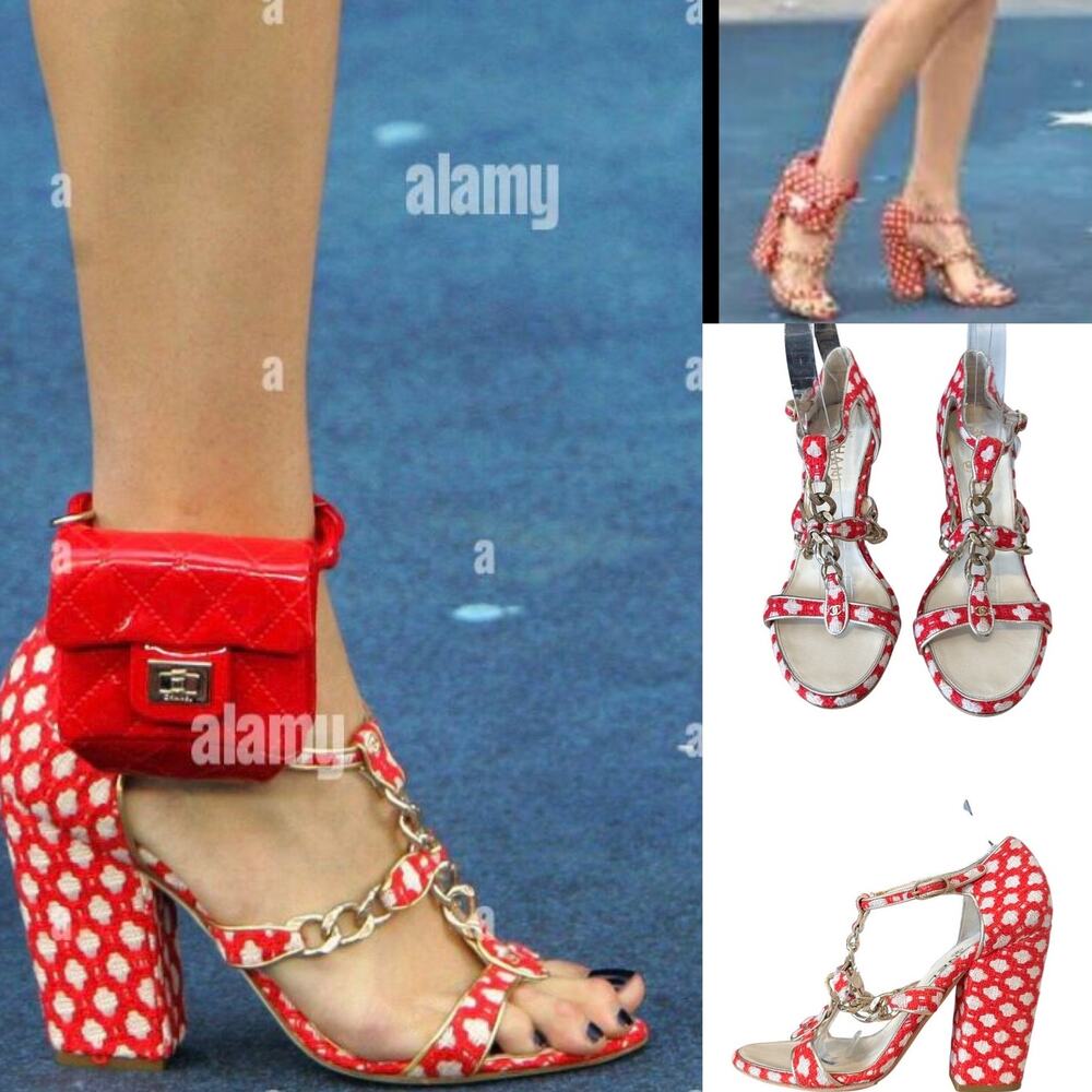 Chanel Red White Tweed Gold Chain Logo Strappy Block High Heel Sandals EU 38.5